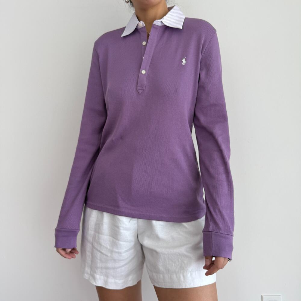 Ralph Lauren Polo Shirt Womens XL Purple Rugby Cotton Rib Knit Contrast Collar - Picture 3 of 10